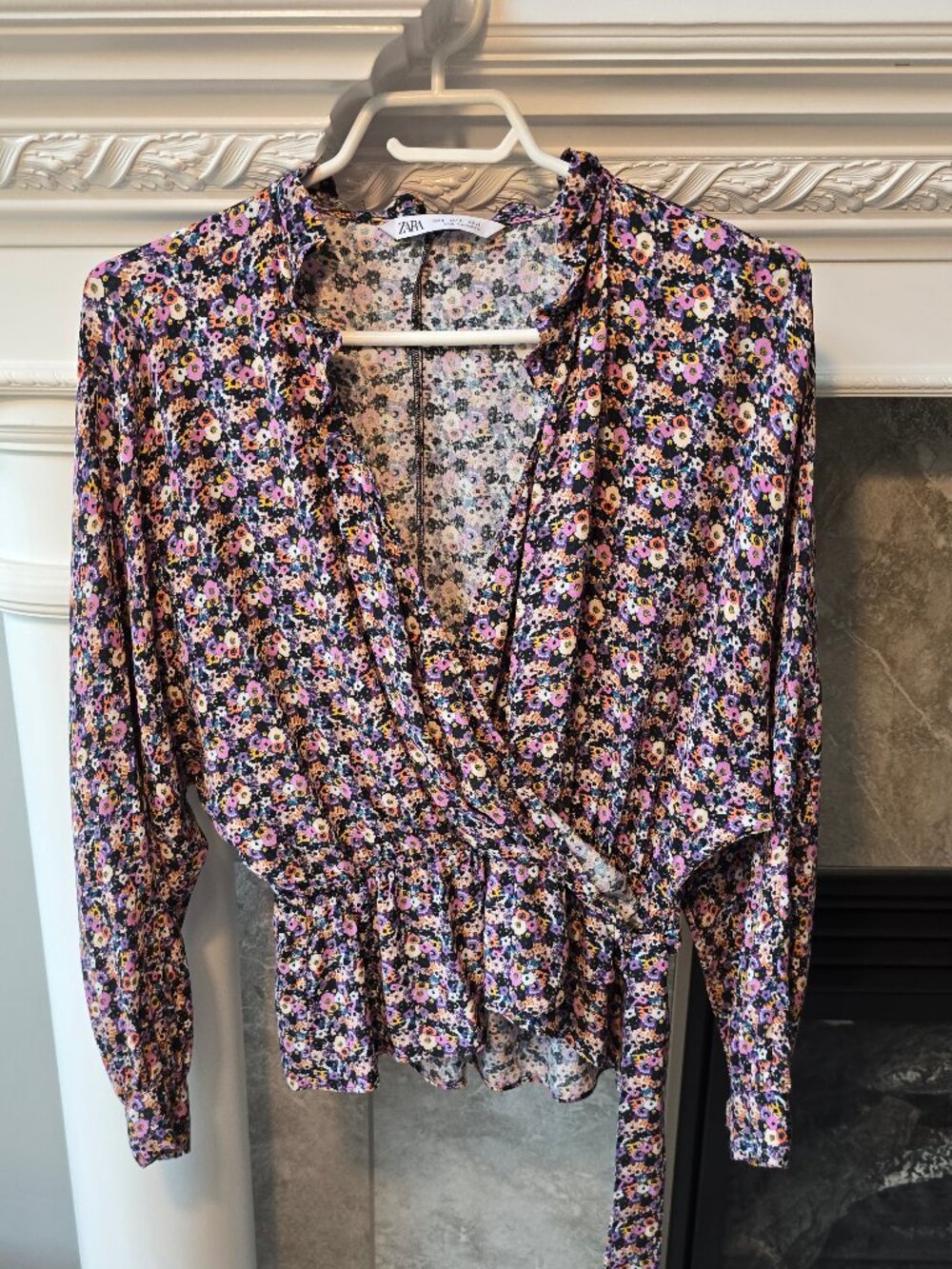Zara Ditsy Floral Wrap Blouse Long Sleeve Ruffle Neck Top